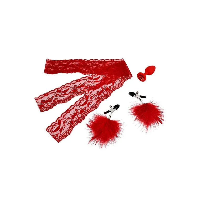 Deluxe Red Hot Sex Kit red lace ties, small red plug and feather nipple clamps