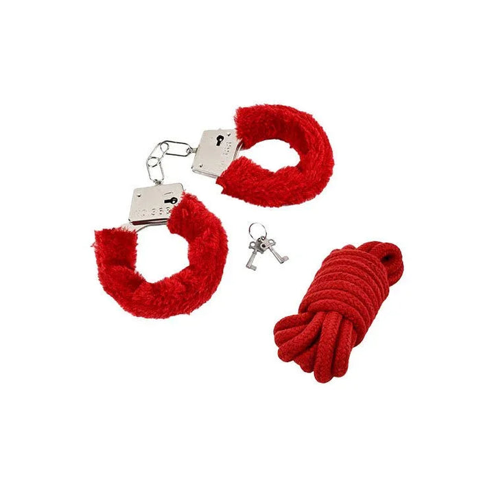 Deluxe Red Hot Sex Kit red furry handcuffs with keys and red rope coil