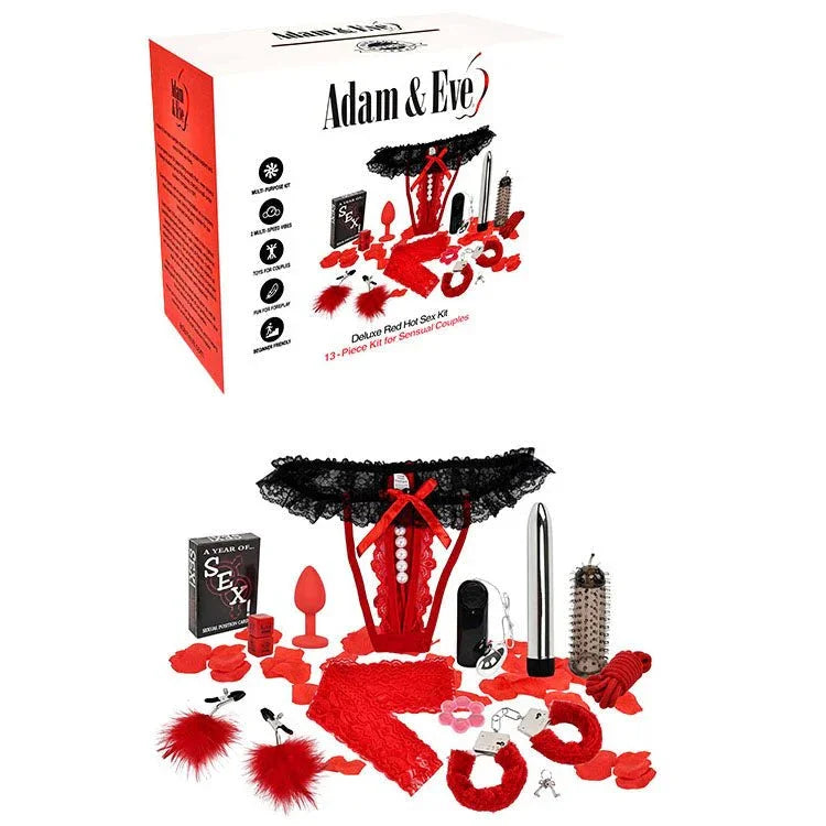 Deluxe Red Hot Sex Kit, 13 red and black pieces laid out below the box