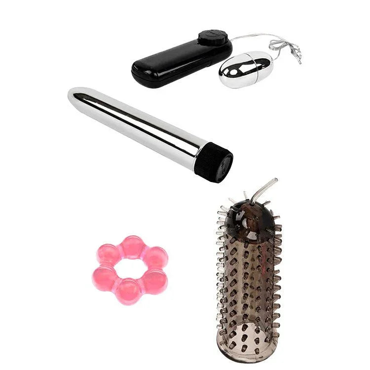 Deluxe Red Hot Sex Kit silver vibrator, remote bullet, pink ring and spiky sleeve