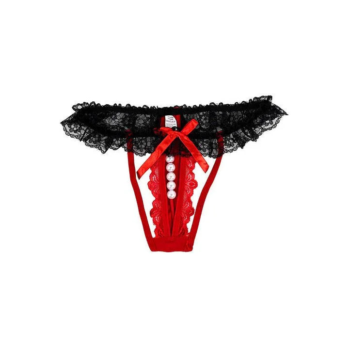 Deluxe Red Hot Sex Kit red lace crotchless knickers with pearl strand