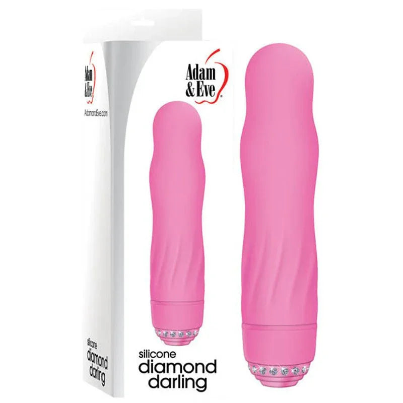 Diamond Darling classic vibrator in Pink, gem-studded base, beside its box