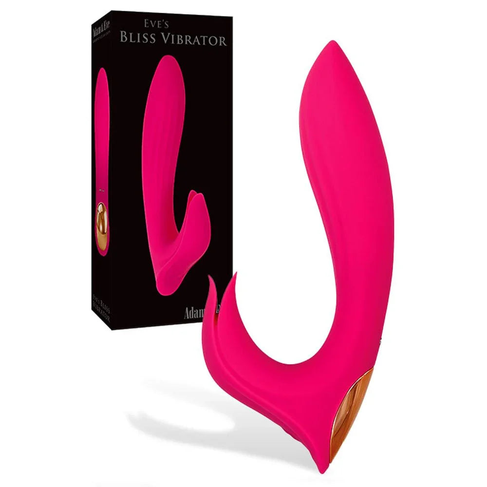 Eve's Bliss vibrator in Pink, C-shaped dual arms beside its black box