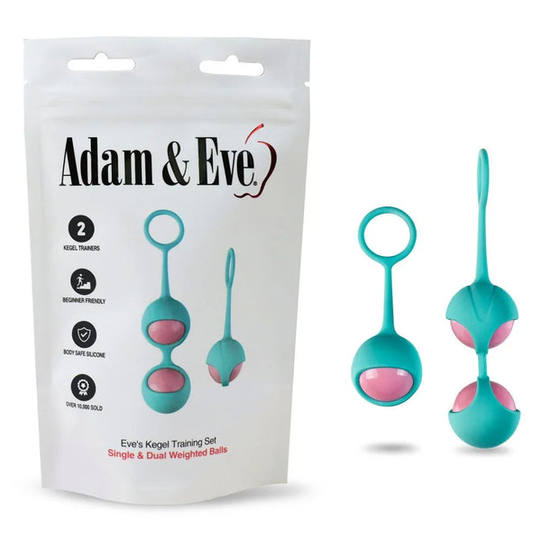 Eve's Kegel trainer set in Teal, single and dual weighted balls beside the pouch