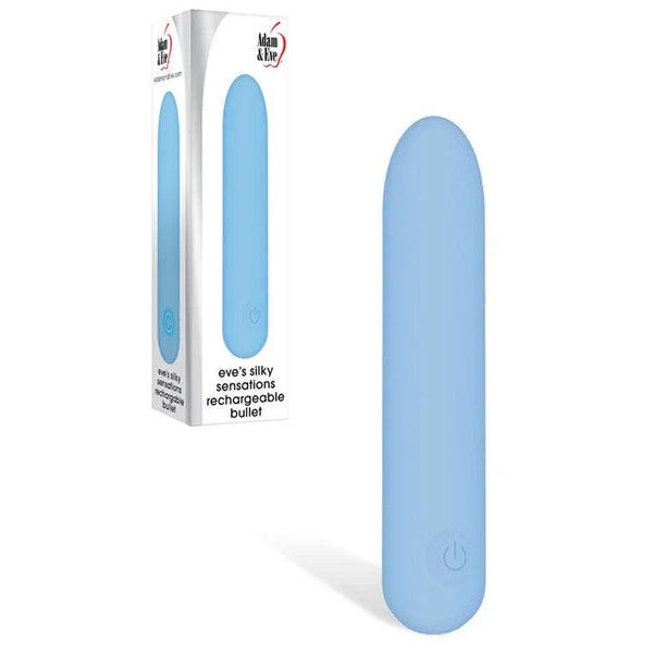 Eve's Silky Sensations bullet in Blue, standing beside its slim retail box