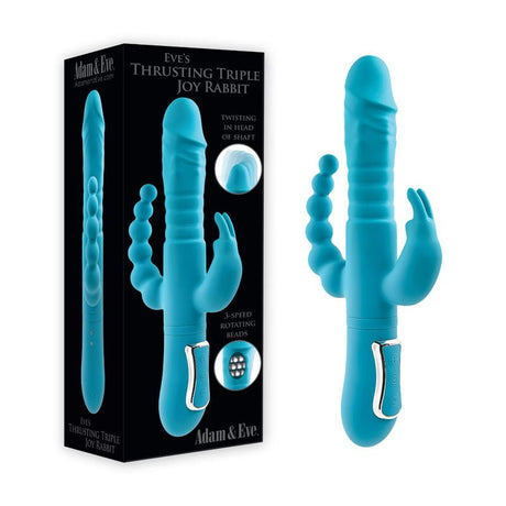 Buy Adam & Eve EVES THRUSTING TRIPLE JOY RABBIT - Teal 25 cm USB Rechargeable Thrusting Rabbit Vibe with Anal Tickler – Naughtyhut NZ sex toys online. Discreet delivery & top brands.