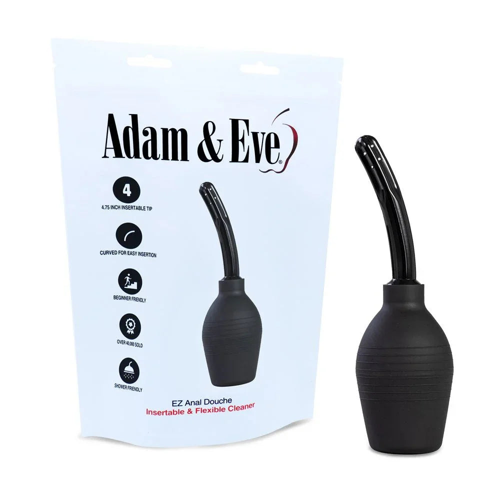 EZ anal douche in Black, curved nozzle bulb beside its white pouch pack