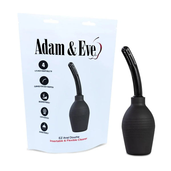 EZ anal douche in Black, curved nozzle bulb beside its white pouch pack