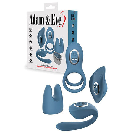 Buy Adam & Eve FOUR - PLAY Vibrator Set - Blue USB Rechargeable Couples Play Kit – Naughtyhut NZ sex toys online. Discreet delivery & top brands.