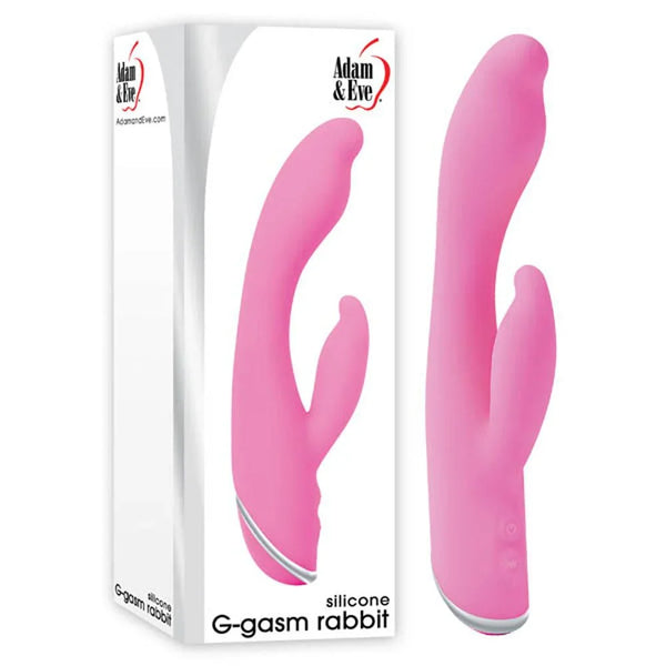 G-Gasm Rabbit vibrator in Pink, curved G-spot tip beside its white box