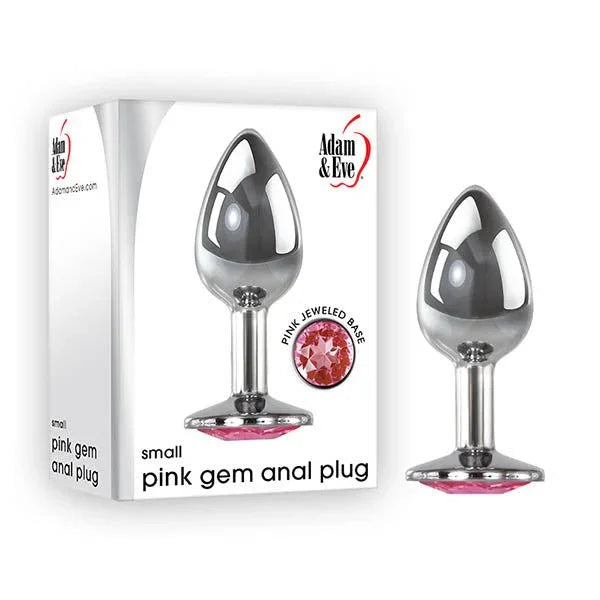 Pink Gem small anal plug in Chrome, pink jewelled base, beside its box