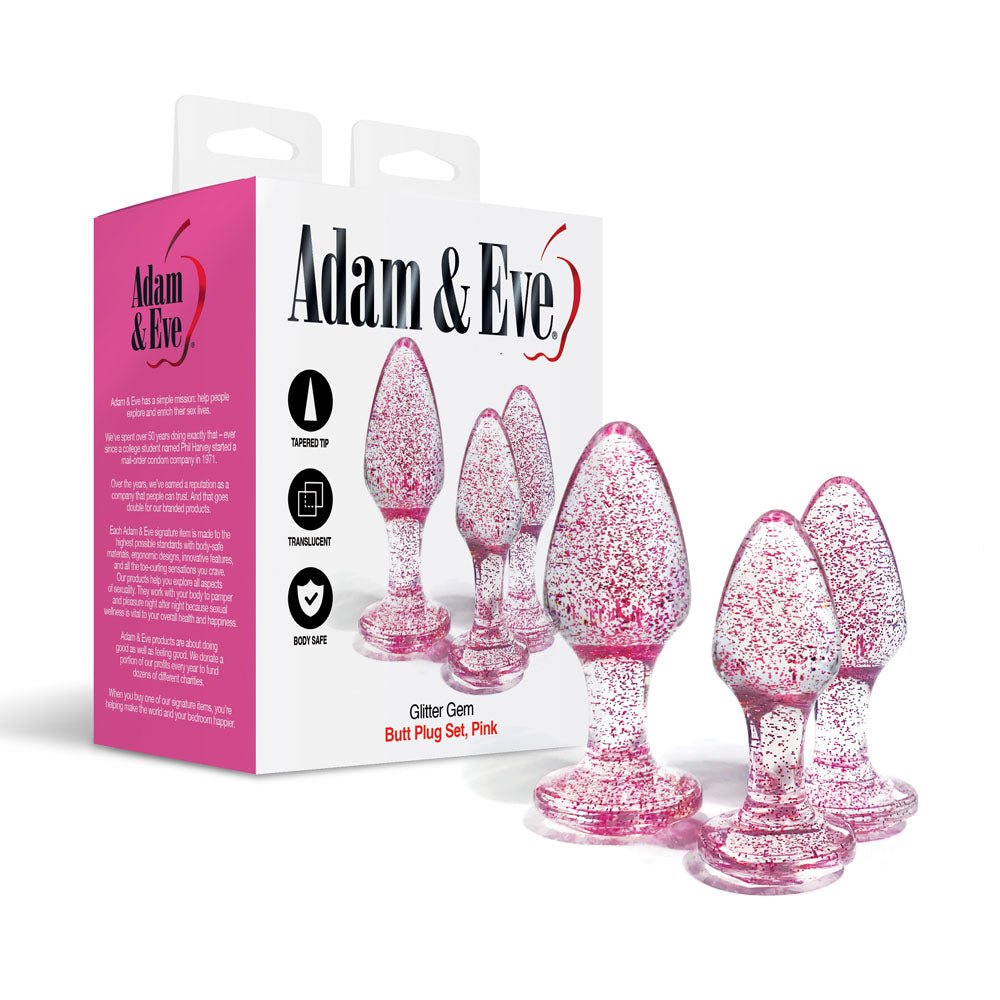 Buy Adam & Eve Glitter Gem 3 - Piece Butt Plug Set - Pink - Glitter Pink Butt Plugs - Set of 3 Sizes – Naughtyhut NZ sex toys online. Discreet delivery & top brands.
