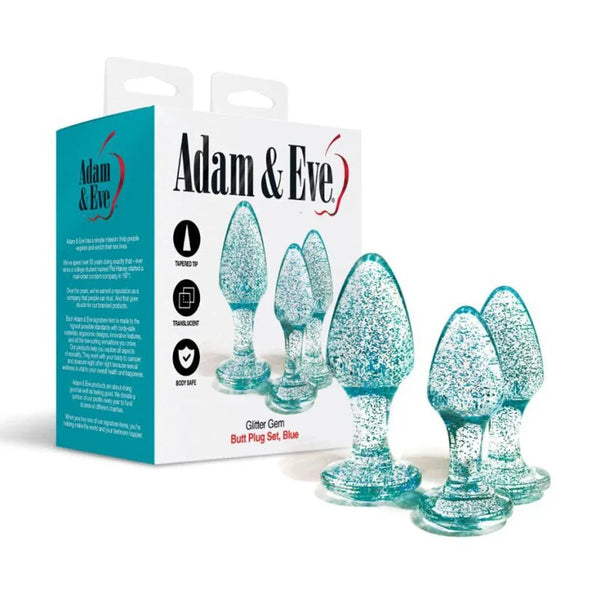 Glitter Gem butt plug set in Blue, three sparkling plugs beside the box