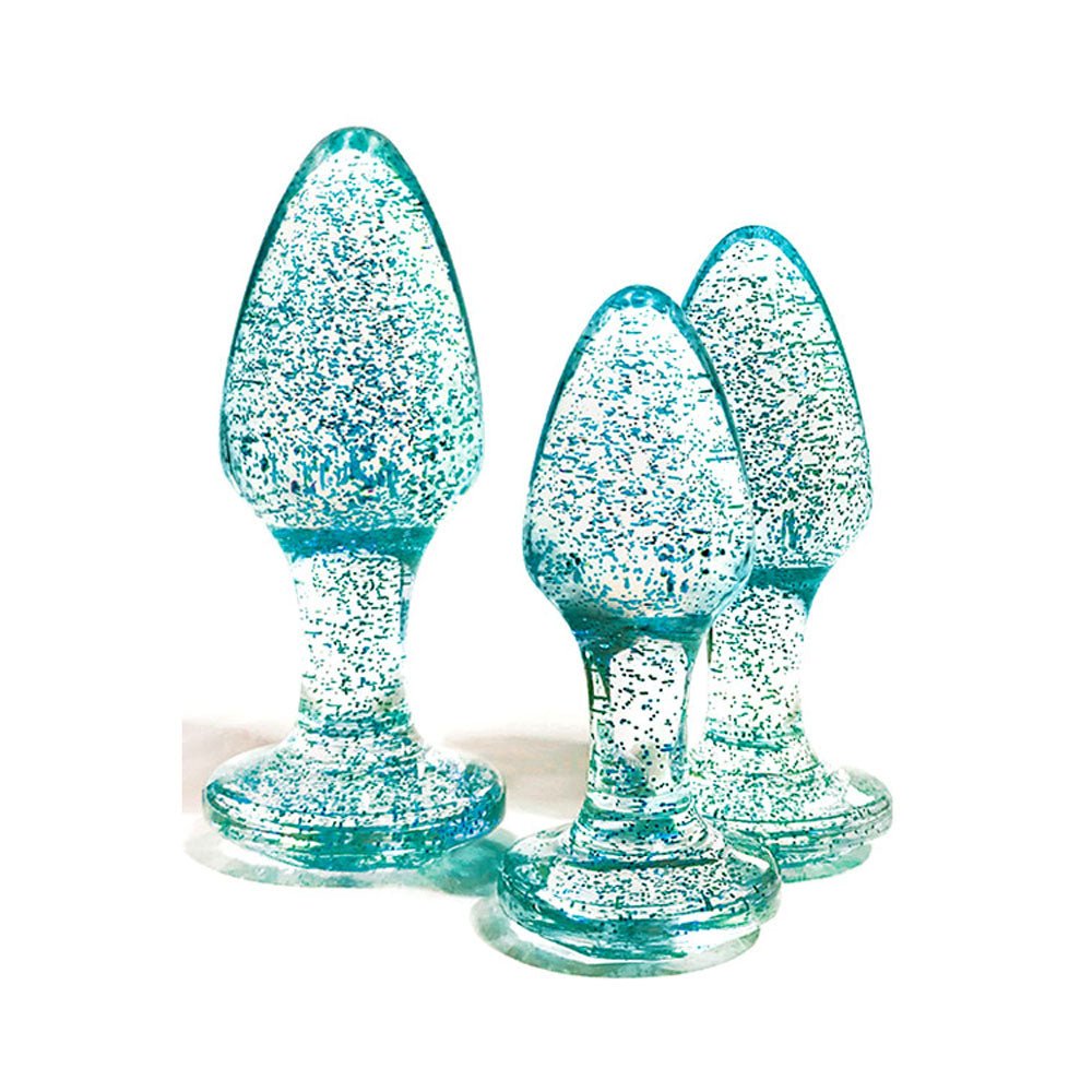 Buy Adam & Eve Glitter Gem 3 - Piece Butt Plug Set - Blue - Glitter Blue Butt Plugs - Set of 3 Sizes – Naughtyhut NZ sex toys online. Discreet delivery & top brands.