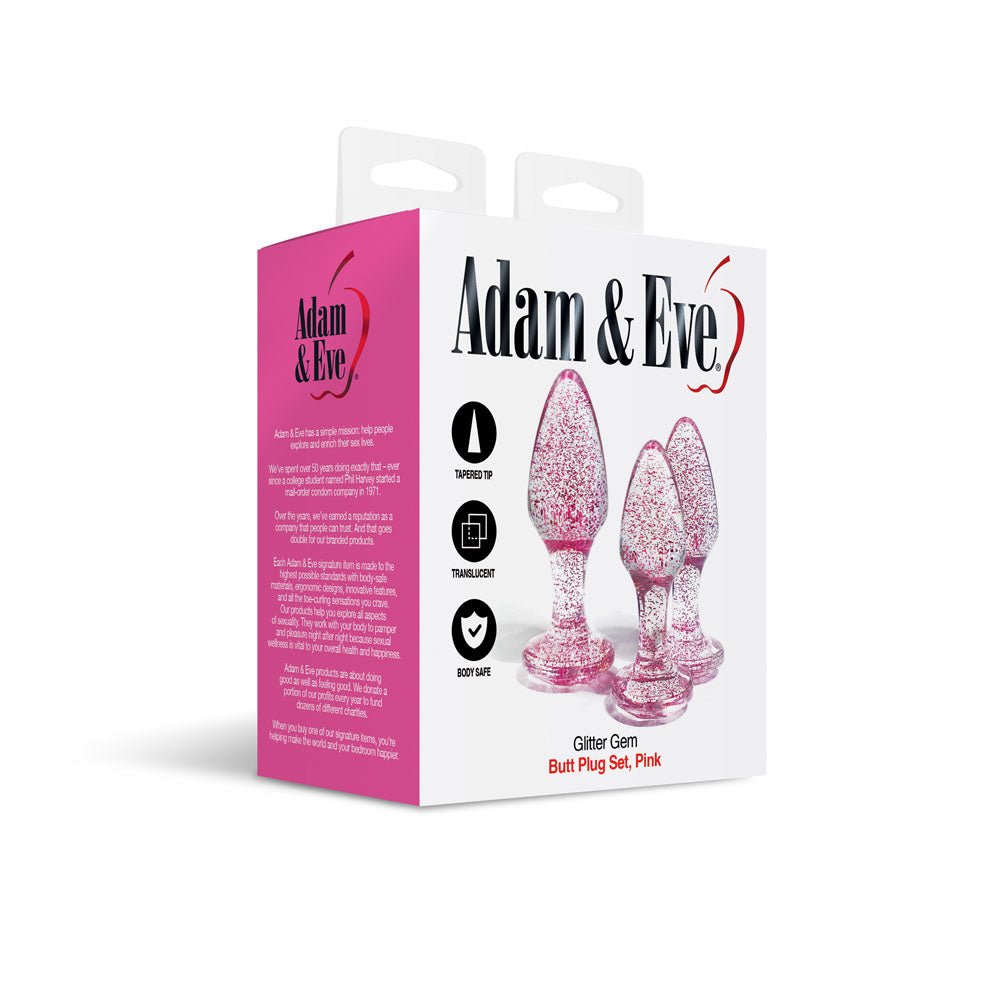 Buy Adam & Eve Glitter Gem 3 - Piece Butt Plug Set - Pink - Glitter Pink Butt Plugs - Set of 3 Sizes – Naughtyhut NZ sex toys online. Discreet delivery & top brands.