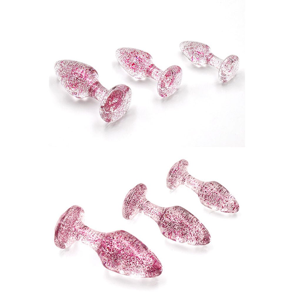Buy Adam & Eve Glitter Gem 3 - Piece Butt Plug Set - Pink - Glitter Pink Butt Plugs - Set of 3 Sizes – Naughtyhut NZ sex toys online. Discreet delivery & top brands.