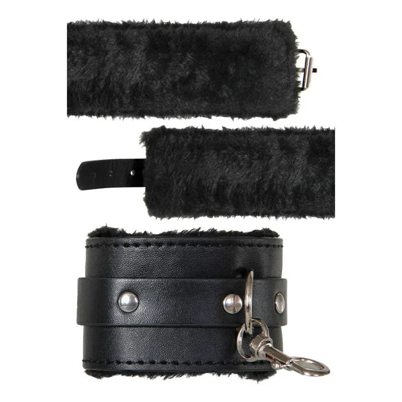 Hog Tie cuff details, fur lining and riveted leather strap with clip