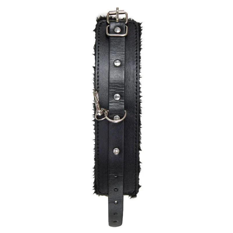 Hog Tie strap laid flat showing buckle, D-rings and fur trim