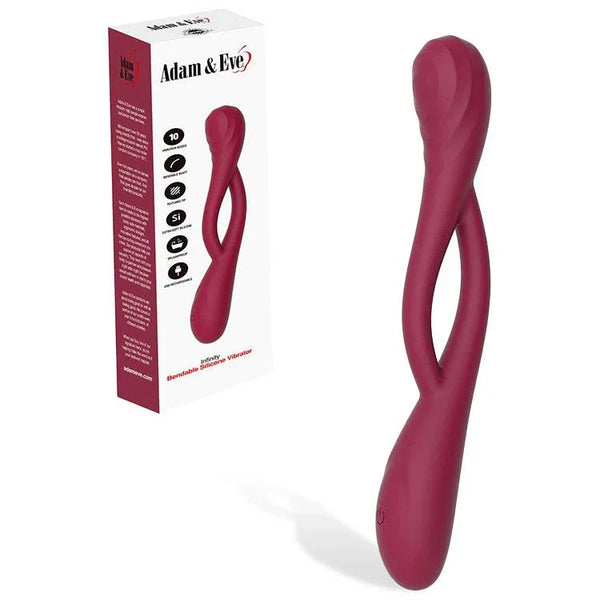 Infinity bendable vibrator in Red, looped split shaft beside its box