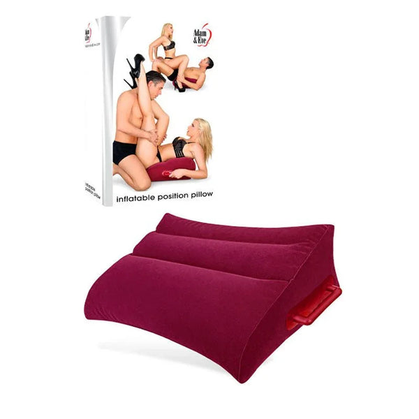 Adam & Eve Inflatable Position Pillow in burgundy, soft fabric, wedge-shaped for support.