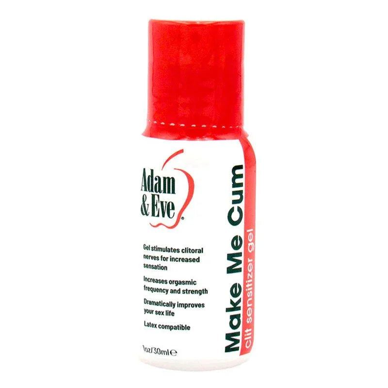 Adam & Eve Make Me Cum clit sensitizer gel in white bottle, red cap, latex compatible.
