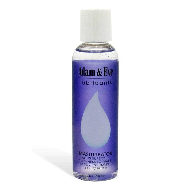 Masturbator lube 118 ml, purple teardrop label on a clear bottle