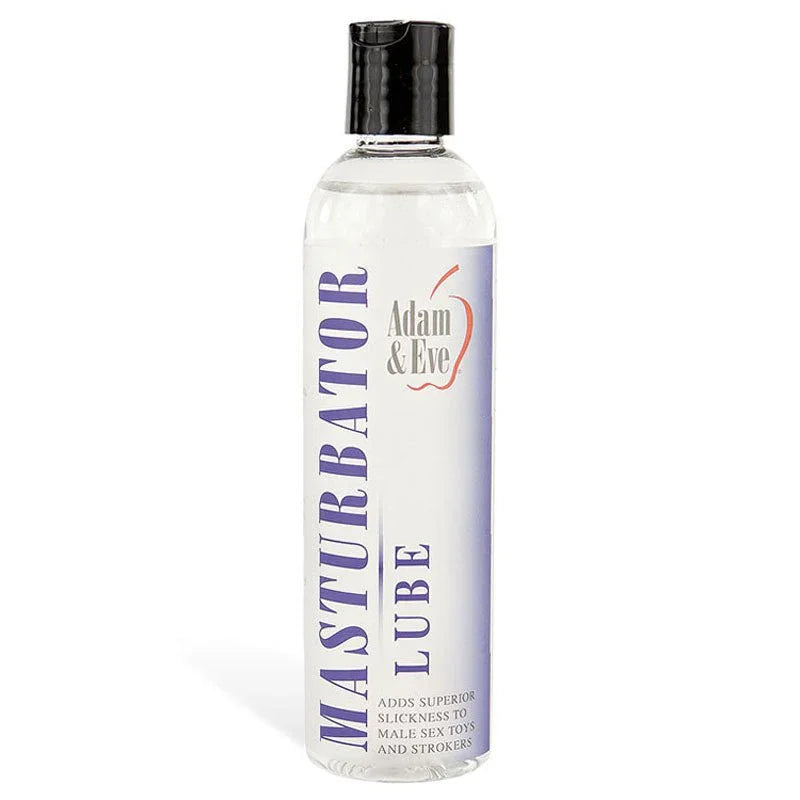Masturbator lube 237 ml bottle with black flip cap, upright label view