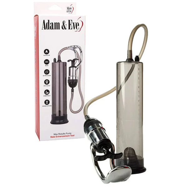 Max Results penis pump in Clear, smoke cylinder with hose grip, beside its box