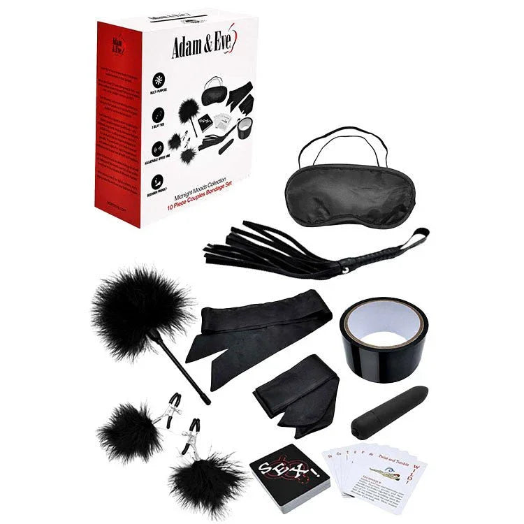 Midnight Moods 10-piece bondage kit in Black, blindfold, flogger, tape, ticklers and cards below the box