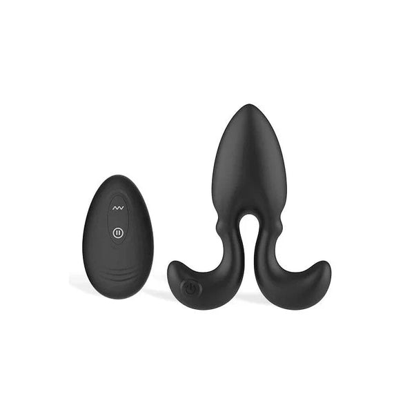Omega vibrating butt plug in Black with egg-shaped remote, on white