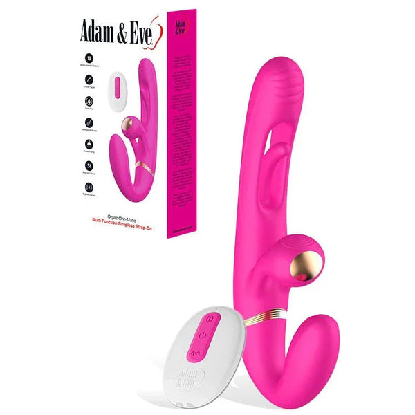 Orgaz-Ohh-Matic strapless strap-on in Pink with white remote, beside its box