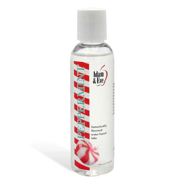 Peppermint flavoured lube, 118 ml clear bottle with candy-stripe label