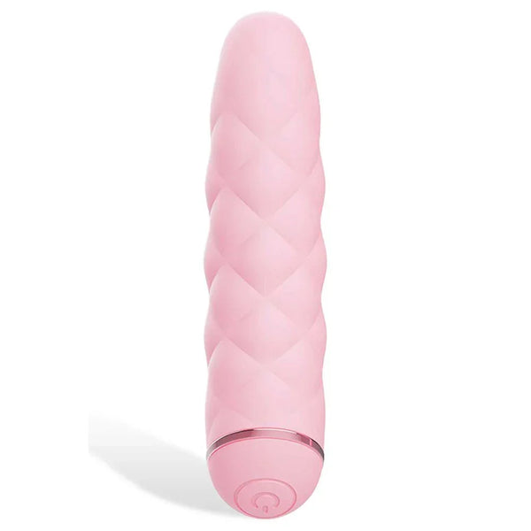Pillow Talk bullet in Pink, quilted body with rose-gold band, upright