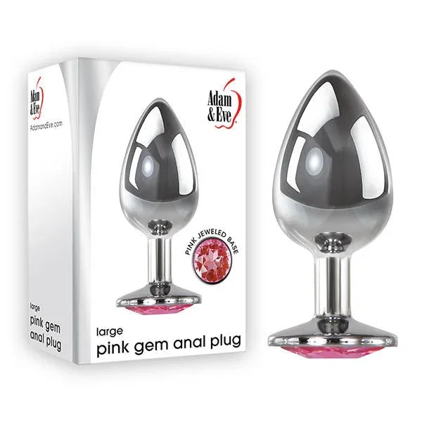 Pink Gem large anal plug in Chrome, jewelled base forward, beside its box