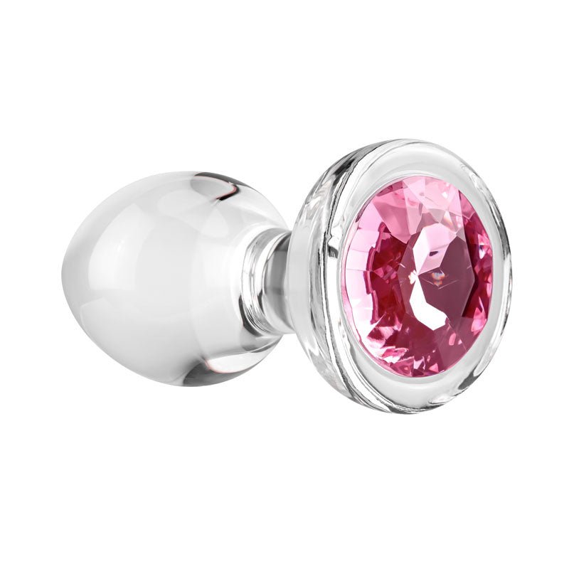 Buy Adam & Eve PINK GEM GLASS PLUG MEDIUM - Clear Glass 8.7 cm Butt Plug with Pink Gem Base – Naughtyhut NZ sex toys online. Discreet delivery & top brands.