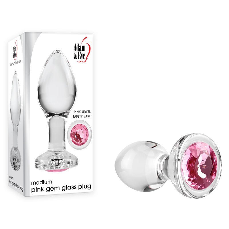 Adam & Eve PINK GEM GLASS PLUG MEDIUM - Clear Glass 8.7 cm Butt Plug with Pink Gem Base – Sex toys NZ by Naughtyhut. Discreet delivery nationwide.