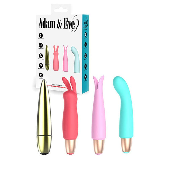 Adam & Eve PLAYFUL SEDUCTION KIT - USB Rechargeable Vibrator with 3 Interchangeable Sleeves – Sex toys NZ by Naughtyhut. Discreet delivery nationwide.