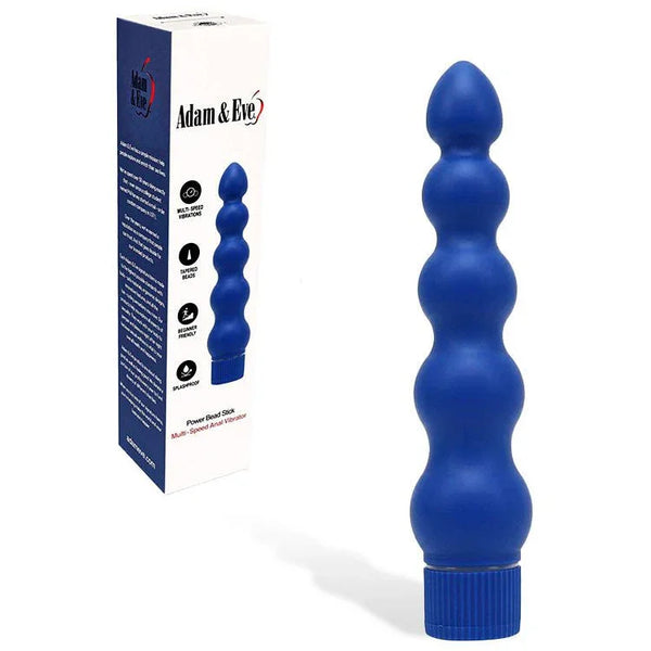 Power Bead Stick vibrator in Blue, graduated bead shaft beside its box