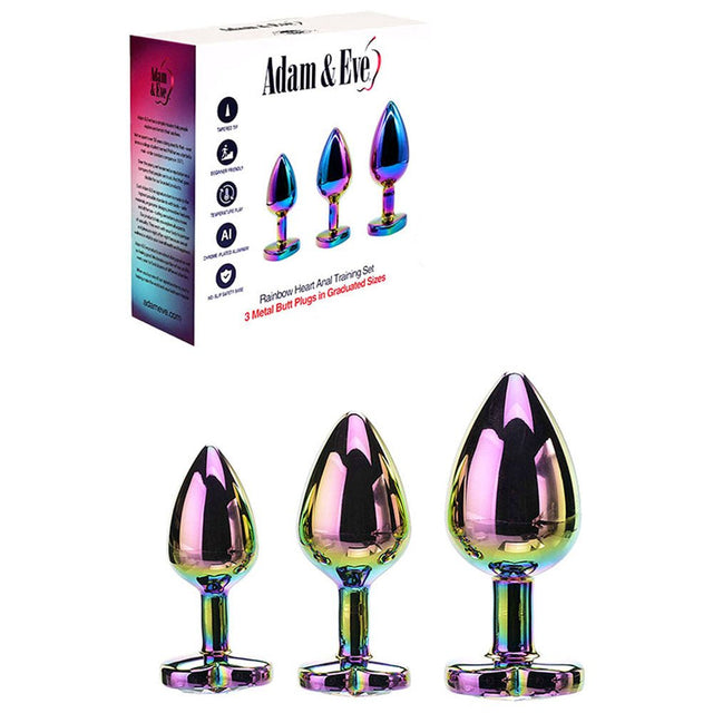 Buy Adam & Eve RAINBOW HEART GEM ANAL TRAINING SET - Multicoloured Metal Anal Plugs with Gem Bases - Set of 3 Sizes – Naughtyhut NZ sex toys online. Discreet delivery & top brands.