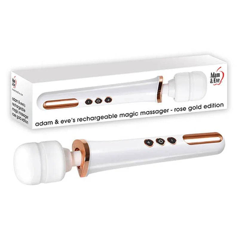 Rechargeable Magic Massager in White with rose-gold trim, beside its box