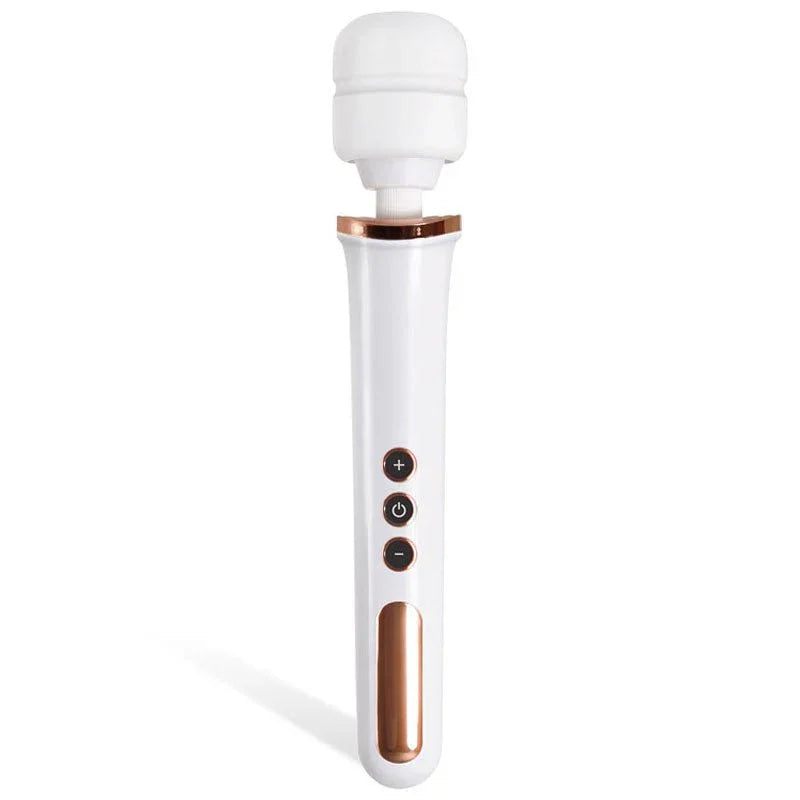 Magic Massager wand upright, showing the plus, power and minus buttons