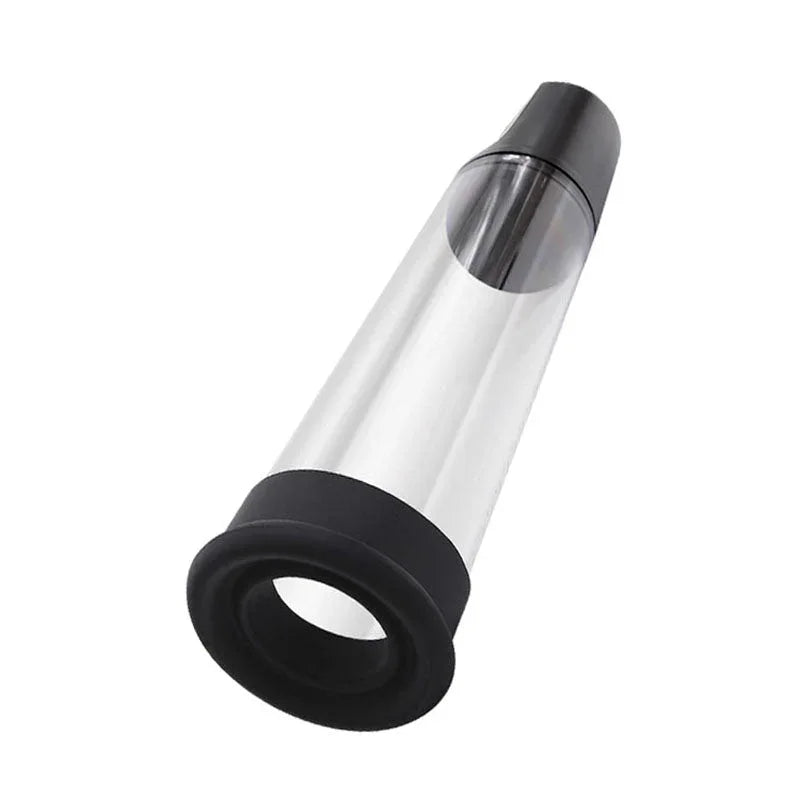Rechargeable penis pump angled, showing the black entry sleeve