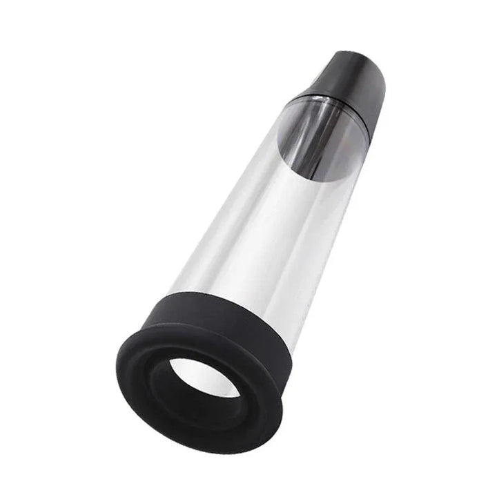 Rechargeable penis pump angled, showing the black entry sleeve