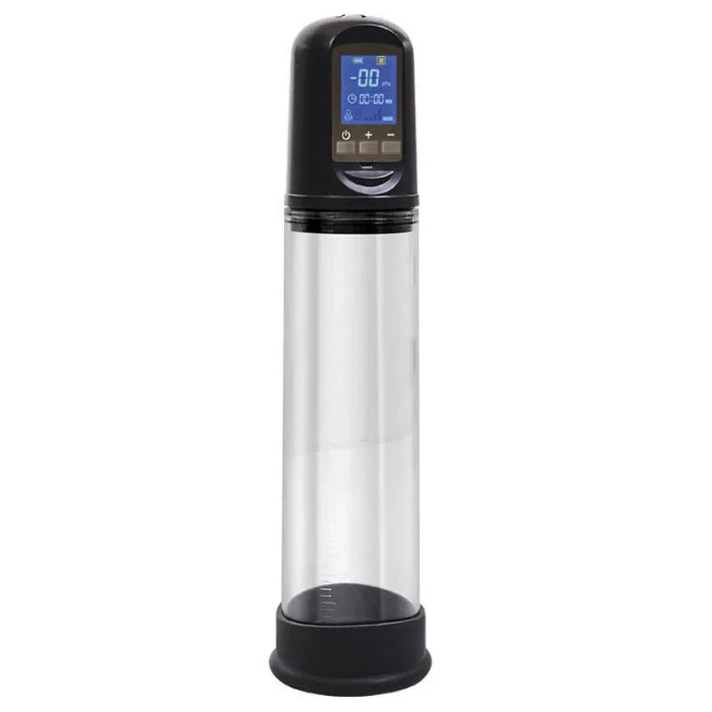 Rechargeable penis pump upright, blue LCD panel on the black head