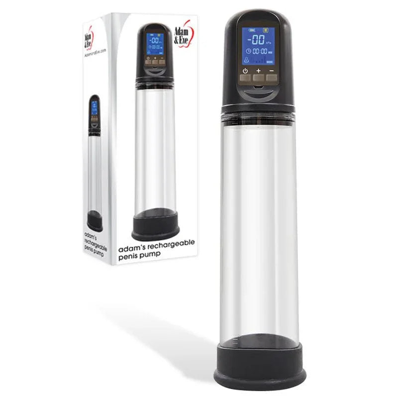 Adam's rechargeable penis pump in Clear with digital display, beside its box