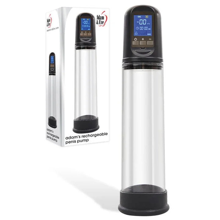 Adam's rechargeable penis pump in Clear with digital display, beside its box