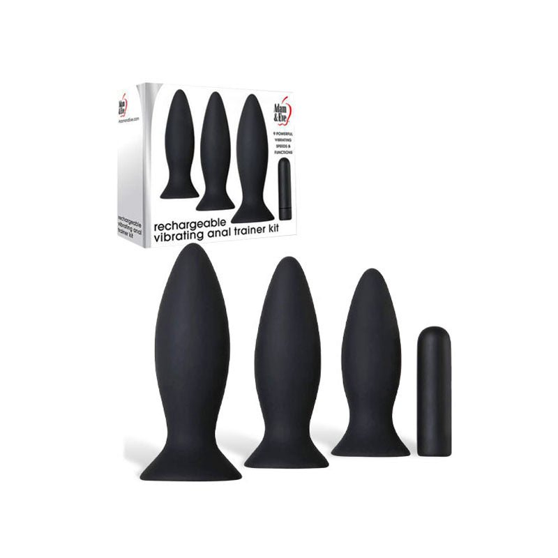 Buy Adam & Eve Rechargeable Vibrating Anal Trainer Kit - Black Butt Plugs with USB Rechargeable Bullet – Naughtyhut NZ sex toys online. Discreet delivery & top brands.