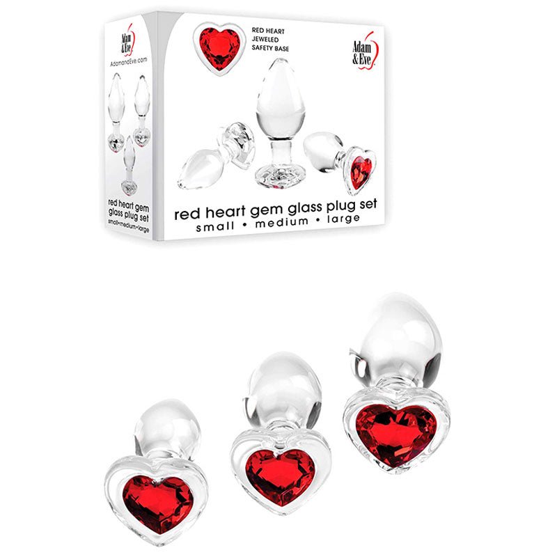 Adam & Eve RED HEART GEM GLASS PLUG SET - Clear Glass Butt Plugs - Set of 3 Sizes – Sex toys NZ by Naughtyhut. Discreet delivery nationwide.