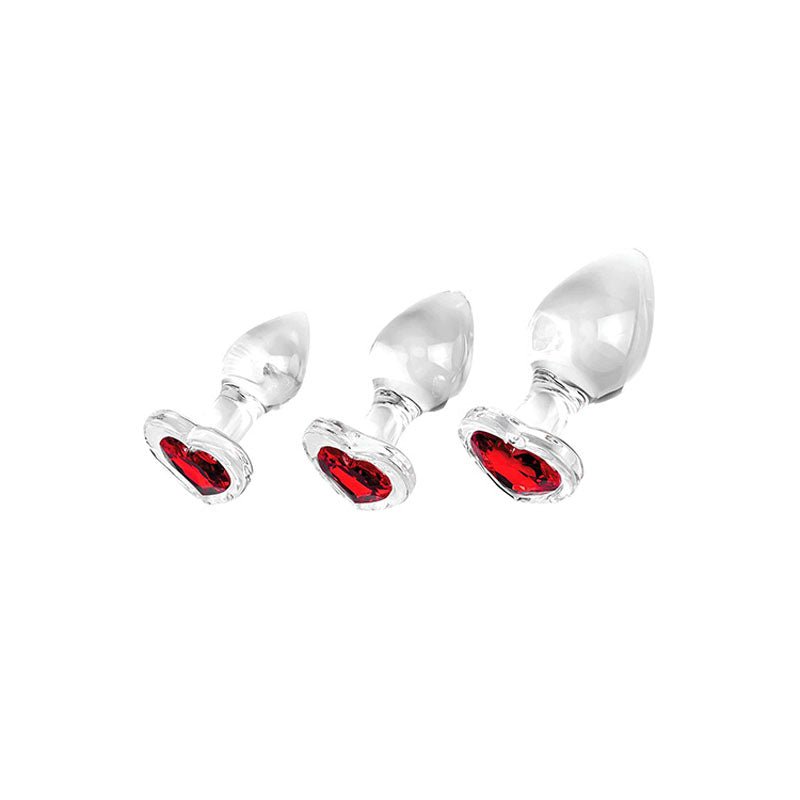 Adam & Eve RED HEART GEM GLASS PLUG SET - Clear Glass Butt Plugs - Set of 3 Sizes – Sex toys NZ by Naughtyhut. Discreet delivery nationwide.