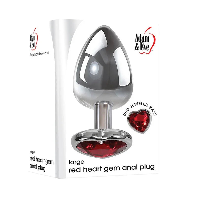 Red Heart Gem large anal plug in Chrome, beside its white retail box
